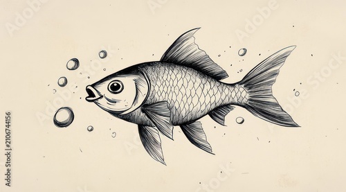 ink sketch of a solitary fish with detailed scales and flowing fins blowing bubbles on a textured beige background, calm curious expression