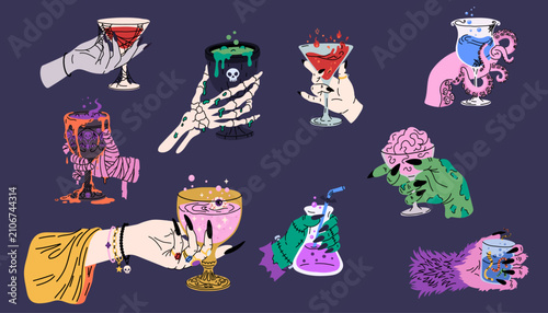 Spooky Cocktail and Potion Hands Illustration