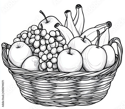 black and white drawing of a woven basket overflowing with apples, a bunch of grapes and bananas, conveying a fresh, abundant and inviting mood
