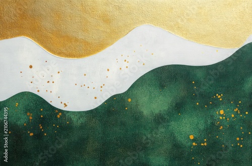 serene elegant abstract landscape with metallic gold top, white mid ridge with gold flecks and deep green textured lower waves