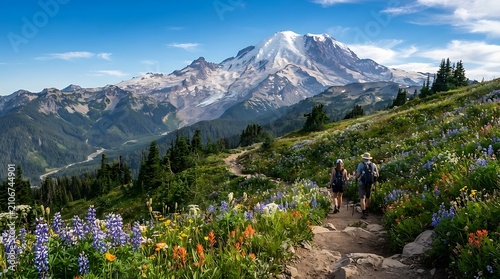 People hiking on mountain path with wildflowers and snow capped peak
