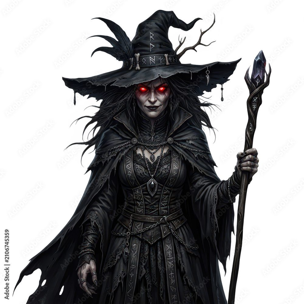 Fototapeta premium Halloween witch with long hair and red eyes flying on broomstick at night