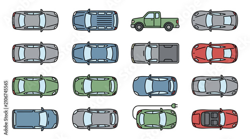 Overhead view of various cars.