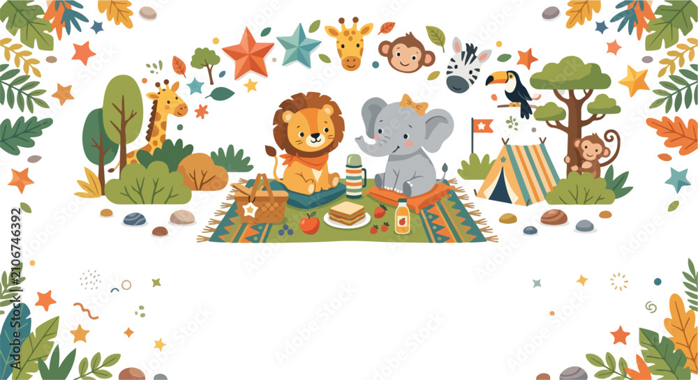 Fototapeta premium A whimsical vector illustration featuring a group of cute safari animals enjoying a delightful picnic and camping adventure in a lush forest.