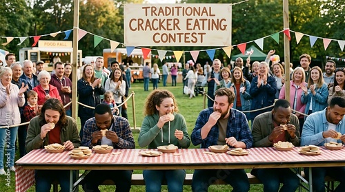 People participate in competitive food eating contest event outdoors