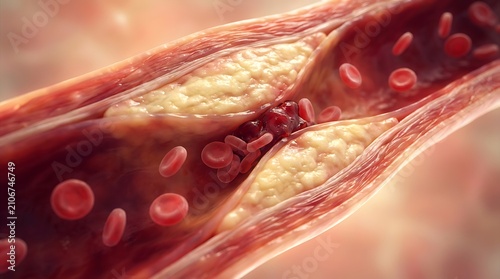 Close up of narrowed artery with cholesterol plaque causing restricted blood