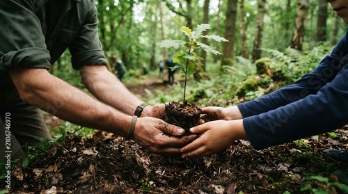 People planting small tree seedling in forest ground outdoors