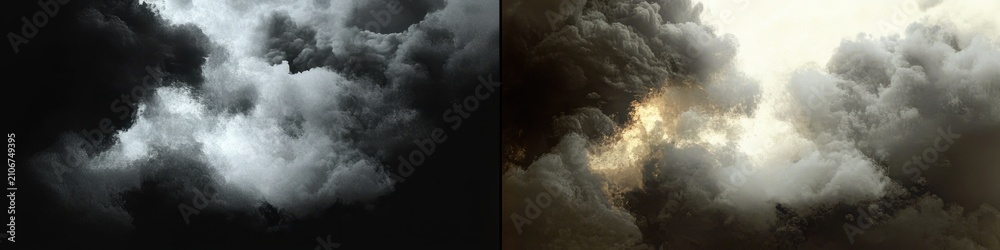 Fototapeta premium Diptych of dramatic storm clouds, left panel monochrome dark cloudscape with a luminous core, right panel warm golden-lit turbulent clouds evoking tension and awe