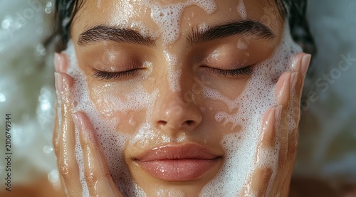 close-up of a person reclining in a bubbly bath with wet hair and visible ears, face softly obscured by blur, surrounded by foam conveying calm relaxation