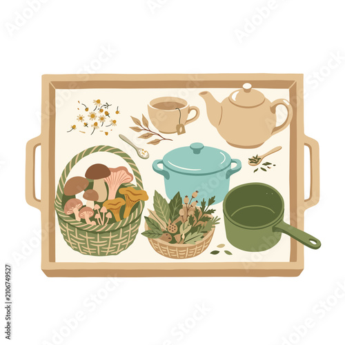 Fotografía Vintage botanical illustration with teapot and tea accessories.