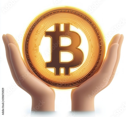 two hands gently cupping a glowing golden digital coin with a prominent currency emblem, conveying protection, value and hopeful trust