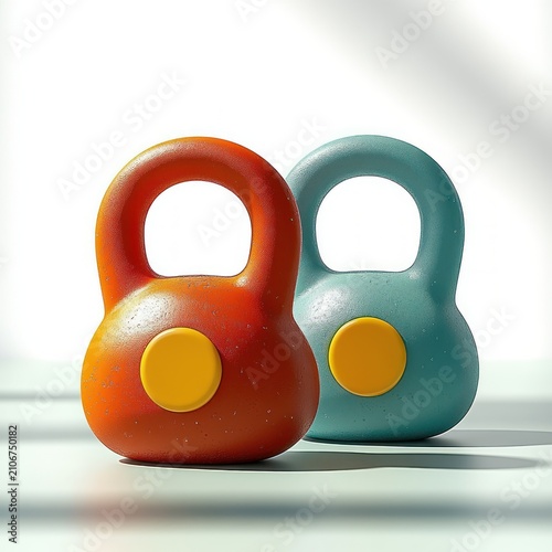 Two colorful kettlebells, orange and teal with yellow circular accents, resting on a white surface under studio lighting with soft shadows, bright playful mood