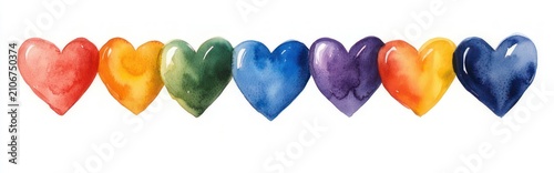 Nine watercolor hearts in a rainbow row with glossy highlights and visible brush texture, cheerful playful expression of love and joy