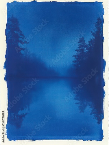 Misty blue lakeshore with mirrored pine silhouettes and soft paper-edged border, serene and contemplative