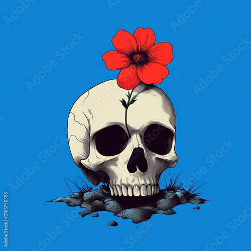 human skull resting on soil with a single red flower growing from its crown against a bright blue background, evoking rebirth and melancholy