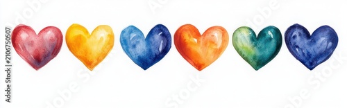 Seven hand-painted watercolor hearts in a colorful row on white background, playful and cheerful mood