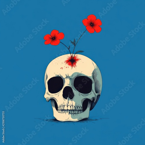 human skull with two red flowers sprouting from a bloody wound on its crown against a flat blue background, surreal and haunting contrast of life and death