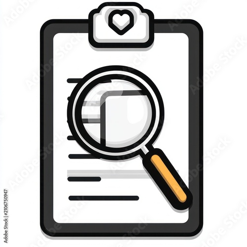 clipboard with heart-shaped clip holding a document and a magnifying glass with yellow handle over text, conveying focused inspection and careful review