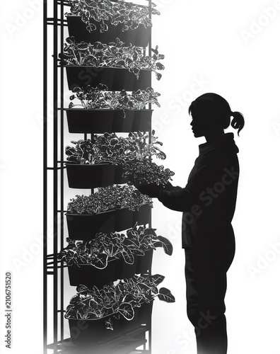 high-contrast silhouette of a person with a ponytail tending a vertical wall of stacked potted plants, calm focused nurturing moment