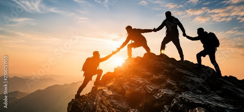 Teamwork silhouette of hikers helping each other climb mountain peak, group of people reaching summit at sunset, business partnership and leadership concept