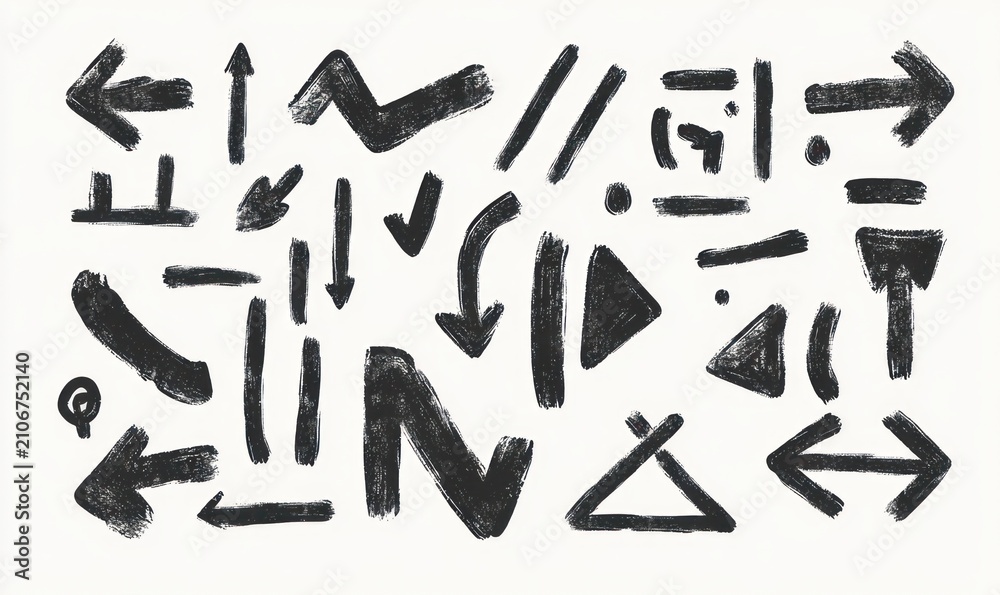 Fototapeta premium dynamic hand-painted black arrows, check marks, slashes, triangles, dots and bold brush marks on white background conveying energetic spontaneous motion
