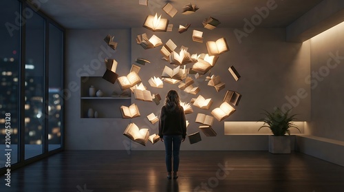 Person standing amidst floating illuminated books in a modern room