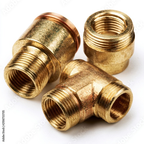 Brass pipe fittings connect threaded parts on white backgrounds, fitting plumbing designs, water systems, HVAC layouts, or industrial catalogs.