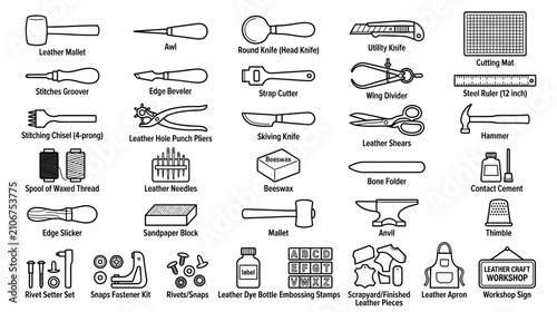 Obraz na płótnie Leather Craft Tools and Supplies Collection Line Art
