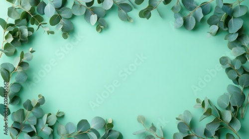 Eucalyptus branches and round blue-green leaves framing a mint background, flat lay composition conveying calm, fresh, natural serenity