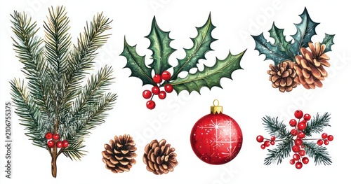 Watercolor festive holiday botanical set with pine branches, holly leaves and red berries, pinecones and a red ornament conveying cheerful seasonal decoration
