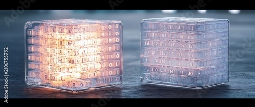 Two translucent glass-like cubes with embedded alphanumeric grids glowing warm amber and cool blue on a reflective surface, futuristic and mysterious atmosphere