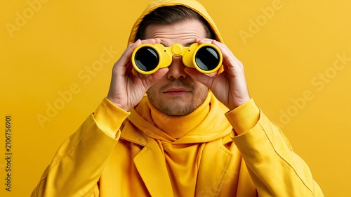 Man in yellow hoodie peers through yellow binoculars against solid yellow background