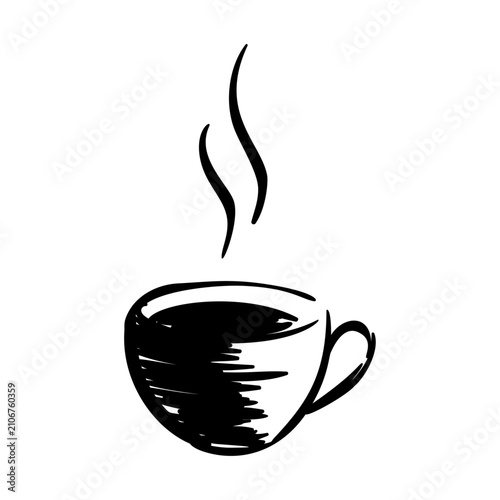 Hand drawn ink illustration of a steaming hot cup of coffee or tea.