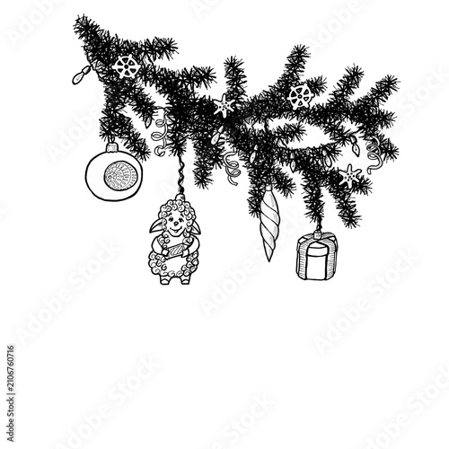 A decorative Christmas tree branch with garland on a wall or window with ornaments and snowflakes, hand-drawn with a black line on an isolated background. Simple clip art for New Year's decorations