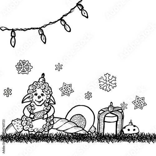 A decorative Christmas card with a garland of lights, toys, and snowflakes, hand-drawn in black line art on an isolated background. Simple clip art for New Year's decorations.