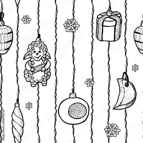 Seamless horizontal pattern, hand drawn with black line, with Christmas toys on an isolated background, perfect for creating decorations for Christmas and the New Year of the Sheep