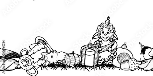 Canvas Print Seamless horizontal border, hand drawn with black line, with Christmas toys on isolated background, perfect for creating decorations for Christmas and New Year of the Sheep