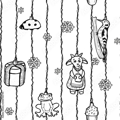 A seamless horizontal pattern, hand-drawn with black line, featuring Christmas toys on an isolated background, perfect for creating decorations for Christmas and the Year of the Goat