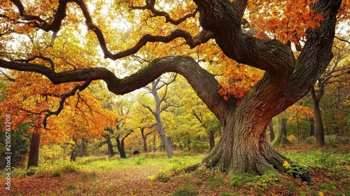 Majestic ancient oak tree with vibrant orange and yellow autumn foliage in a serene woodland path
