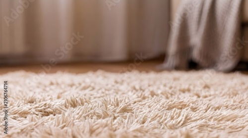 Close-up of a soft beige shag carpet on a wooden floor in a cozy living room