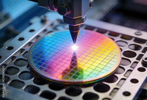 Semiconductor wafer with colorful reflections under inspection, representing microchip manufacturing