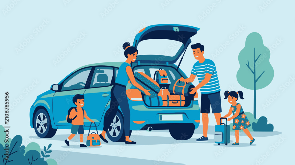 Fototapeta premium Family loading luggage into car for vacation trip, happy parents and children ready for adventure and travel