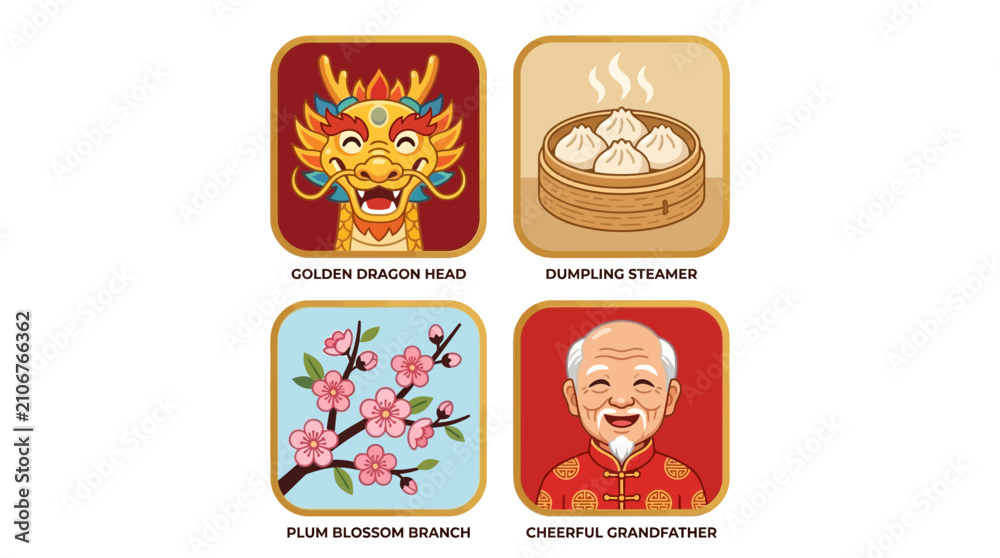 Fototapeta premium Chinese New Year Icons: Dragon, Dumplings, Plum Blossom, Grandfather
