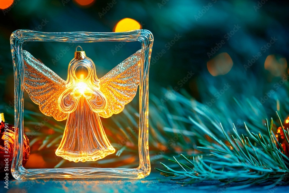 Obraz premium Glass angel ornament with internal LED glow surrounded by festive evergreen and warm lights
