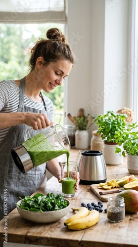 Woman Pouring Fresh Green Smoothie