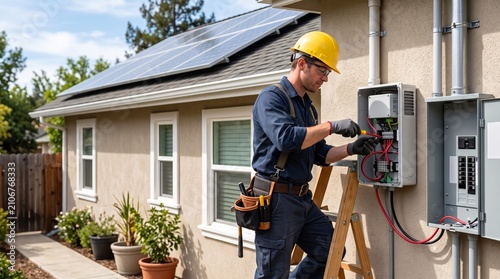 Solar technician installing residential photovoltaic inverter