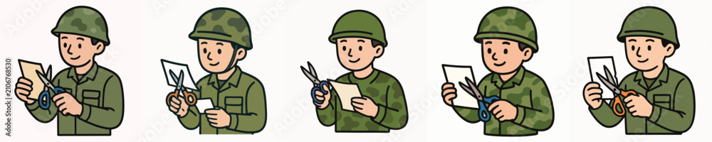 Fototapeta premium Set of vector illustrations of a soldier cutting paper.