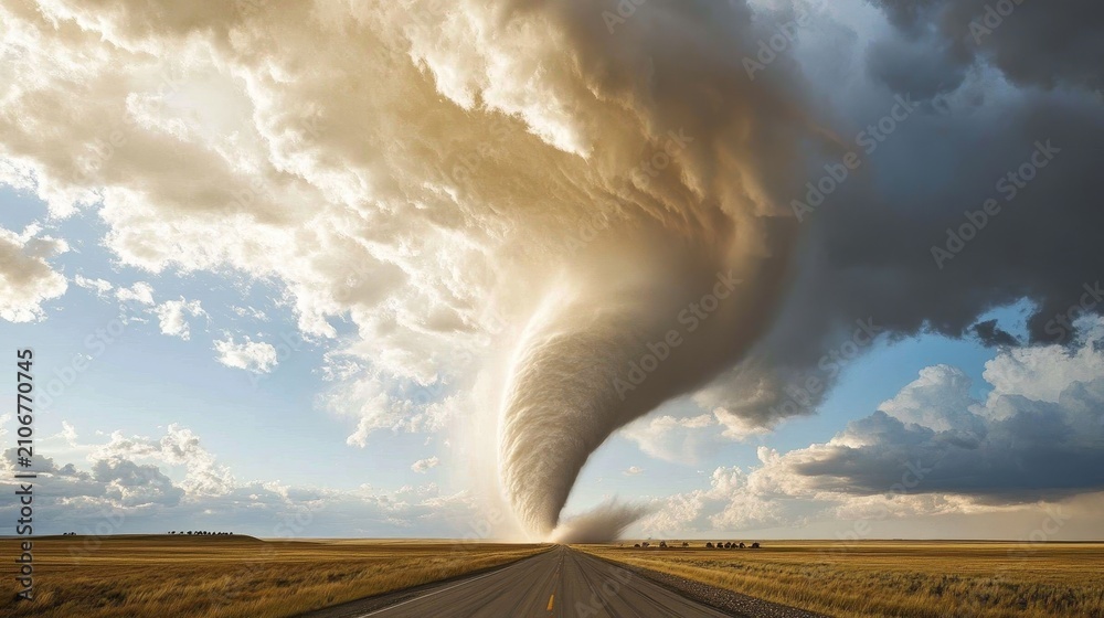 Obraz premium Massive tornado funnel cloud descends from storm clouds over a vast prairie landscape with a road leading towards it