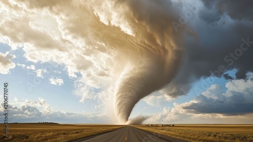 Massive tornado funnel cloud descends from storm clouds over a vast prairie landscape with a road leading towards it