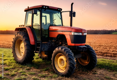 Red farm tractor parked in ...